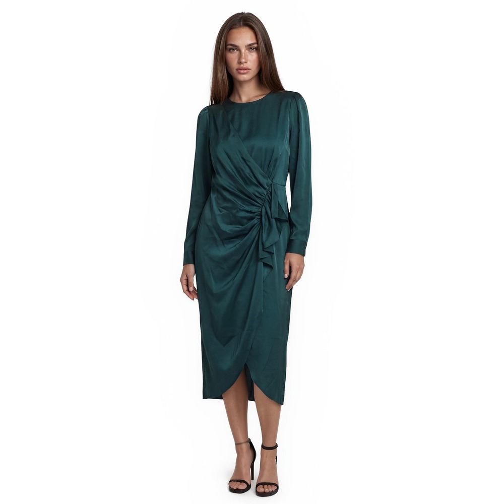 Donna Karan Midi Dress Women's Size 12 Forest Green Ruched Faux Wrap Long Sleeve